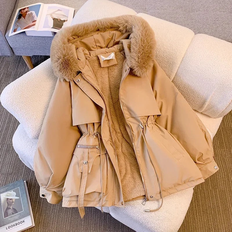 Women's Coat - Synthetic Fabric - Relaxed Fit - Mid-thigh Length - Hood with Stand-up Collar - Adjustable Waist