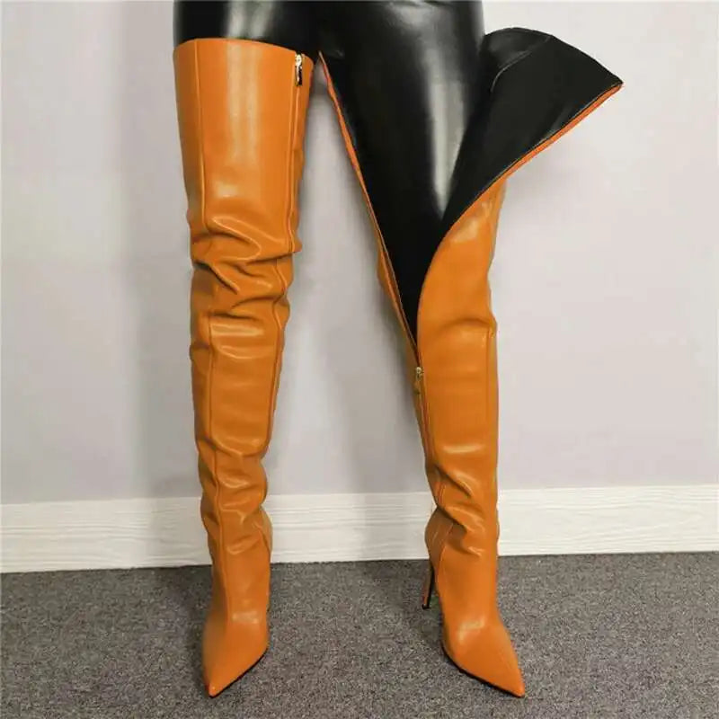 Bottes femme cuissardes – Talon haut – Bout pointu – Similicuir brillant – Fermeture zippée