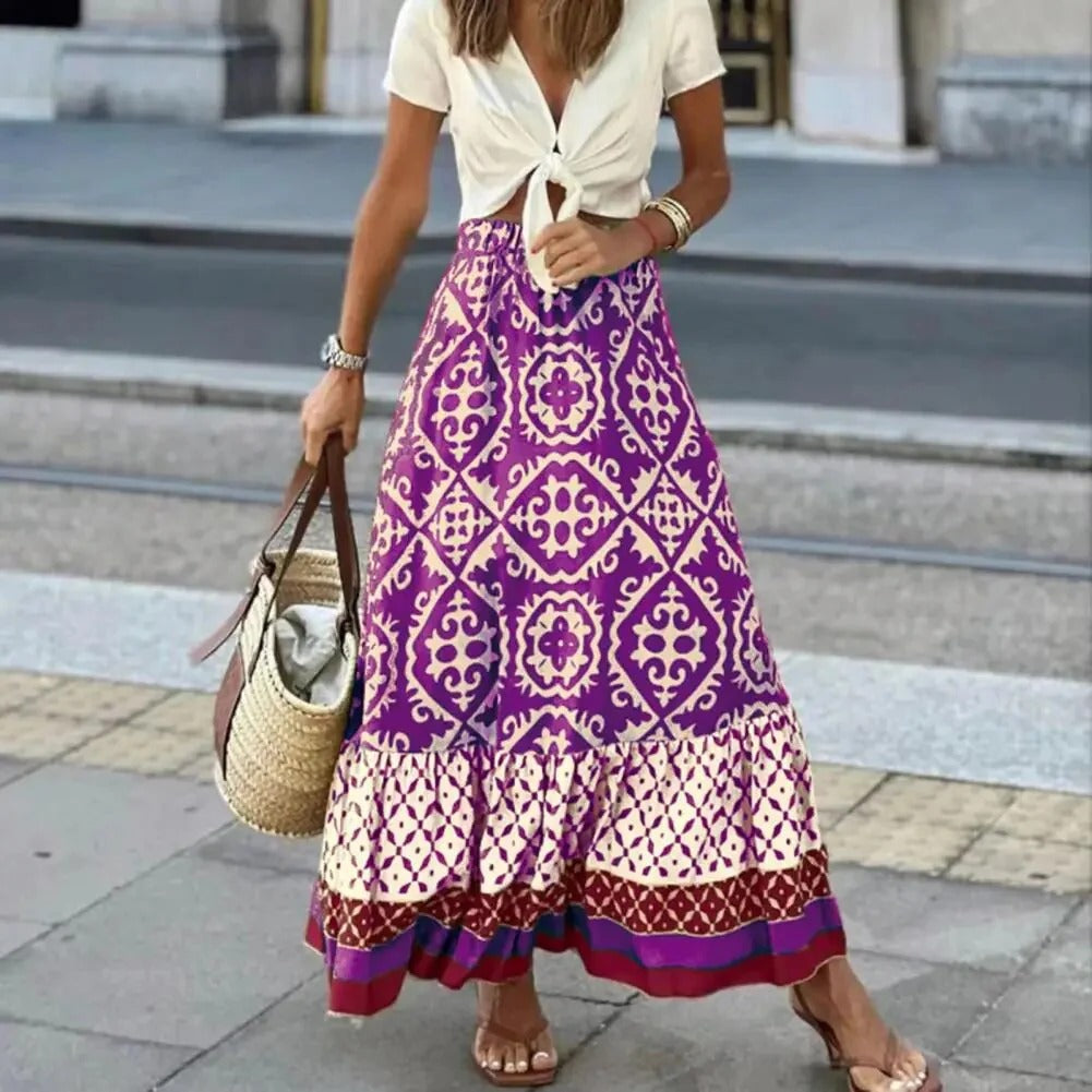 Women's long skirt – High waist – Flared flowing cut – Bohemian pattern – Breathable fabric