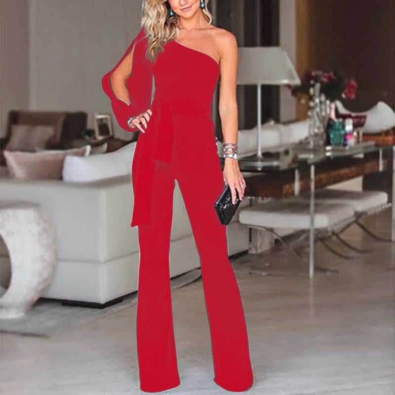 Women's Jumpsuit – One-shoulder – Slim Fit – Belted Waist – Flared Leg