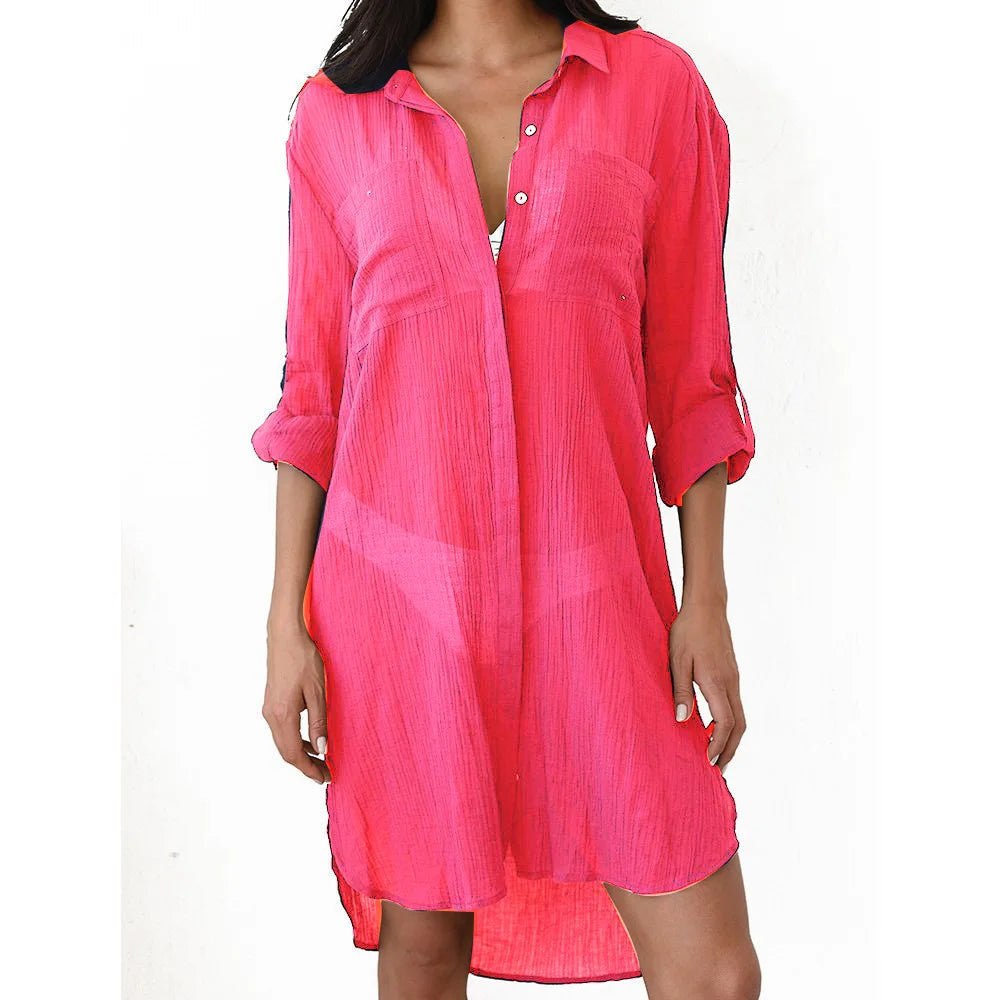 Women's Beach Dress – Relaxed Fit – Semi-Transparent Fabric – Buttoned – Long Sleeves Rolled Up