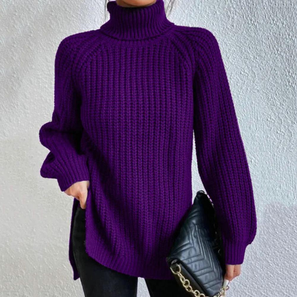 Pull femme à col roulé – Maille côtelée – Coupe ample – Manches longues confortables