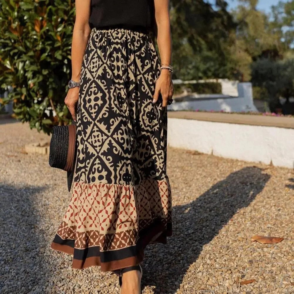 Women's long skirt – High waist – Flared flowing cut – Bohemian pattern – Breathable fabric