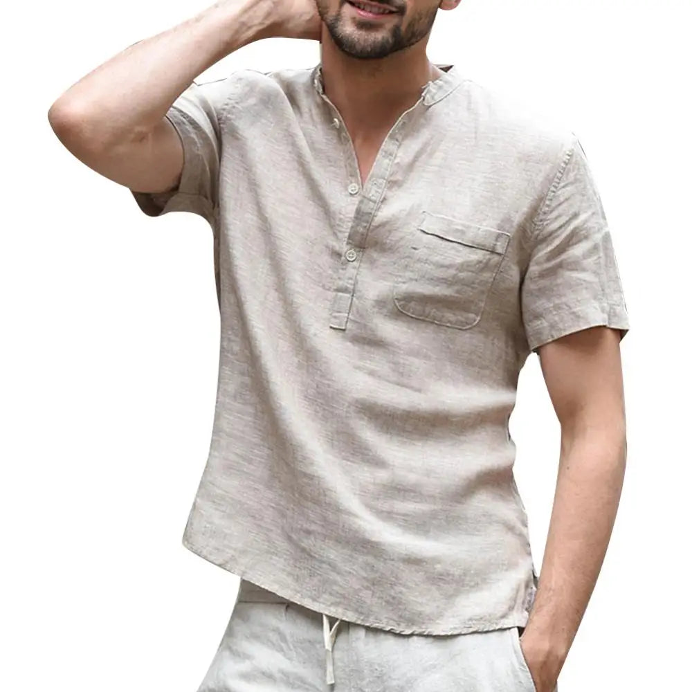 Men's T-shirt – Relaxed fit – Natural fibers – Mao collar – Buttoned placket