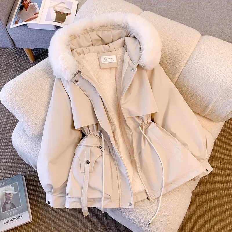Women's Coat - Synthetic Fabric - Relaxed Fit - Mid-thigh Length - Hood with Stand-up Collar - Adjustable Waist