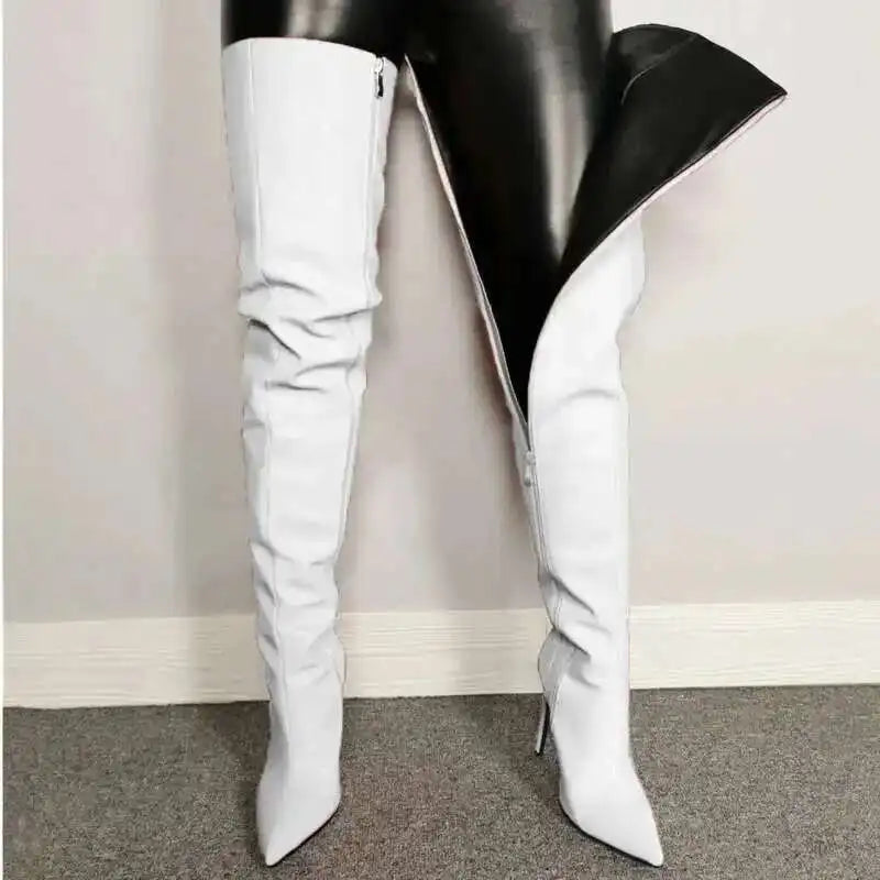 Bottes femme cuissardes – Talon haut – Bout pointu – Similicuir brillant – Fermeture zippée