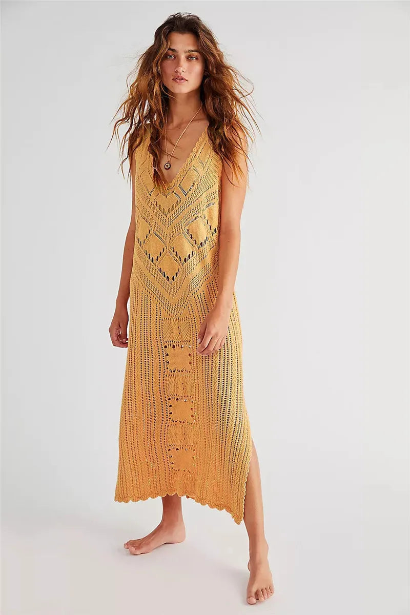 Robe femme midi – Coupe décontractée – Maille ajourée – Col en V – Fente latérale