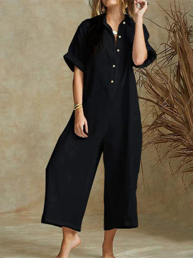 Women's jumpsuit – Loose fit – Lightweight cotton – Short sleeves – Front button closure