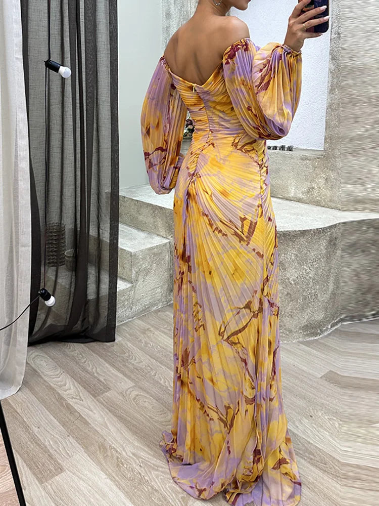 Women's evening dress – Bare shoulders – V-neck – Maxi length – Flowing fabric