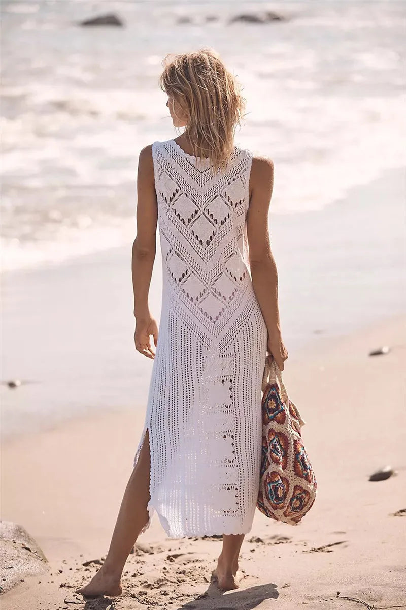 Robe femme midi – Coupe décontractée – Maille ajourée – Col en V – Fente latérale