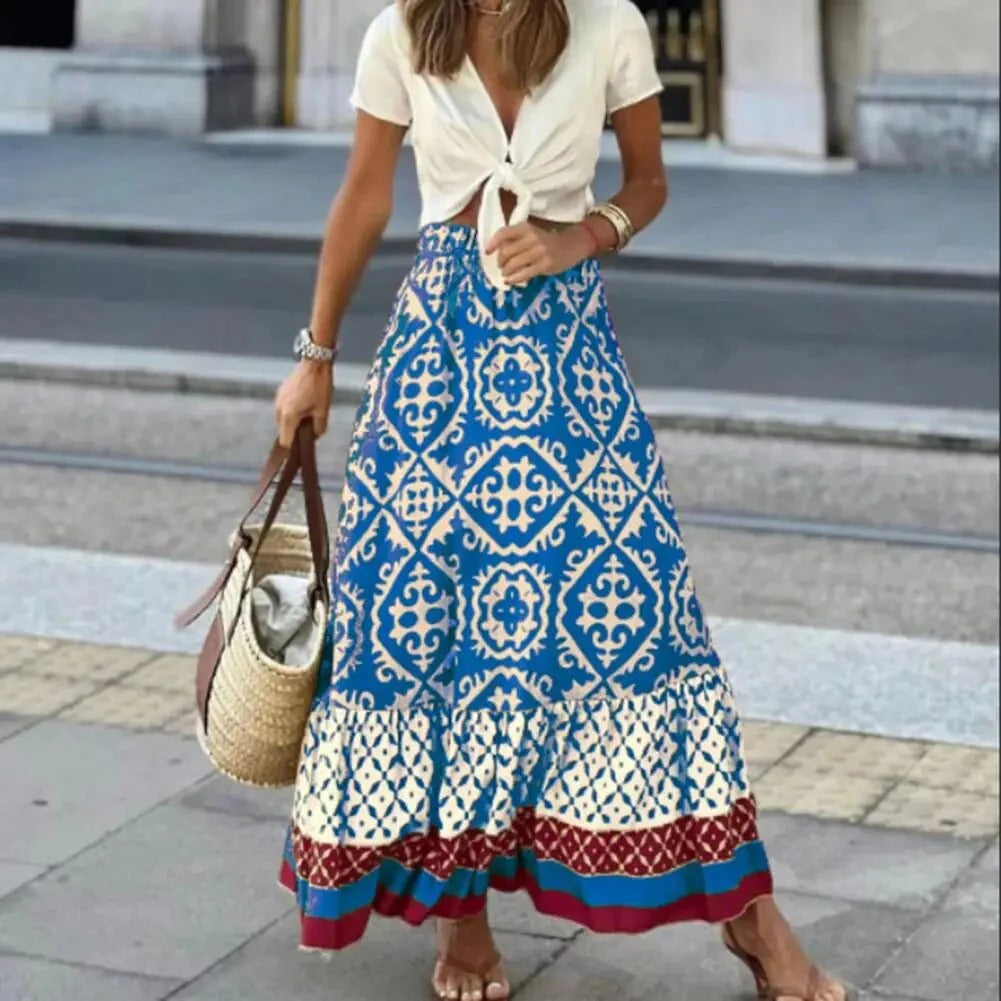 Women's long skirt – High waist – Flared flowing cut – Bohemian pattern – Breathable fabric