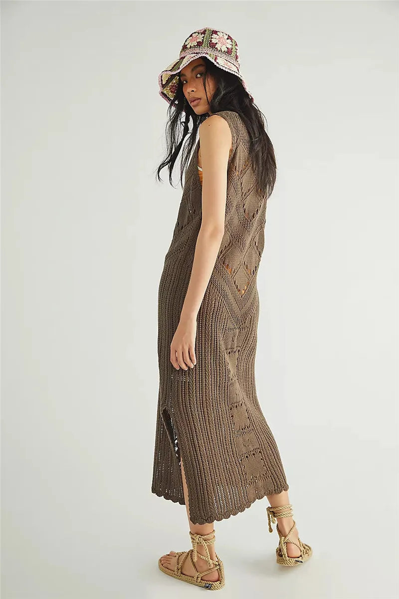 Robe femme midi – Coupe décontractée – Maille ajourée – Col en V – Fente latérale