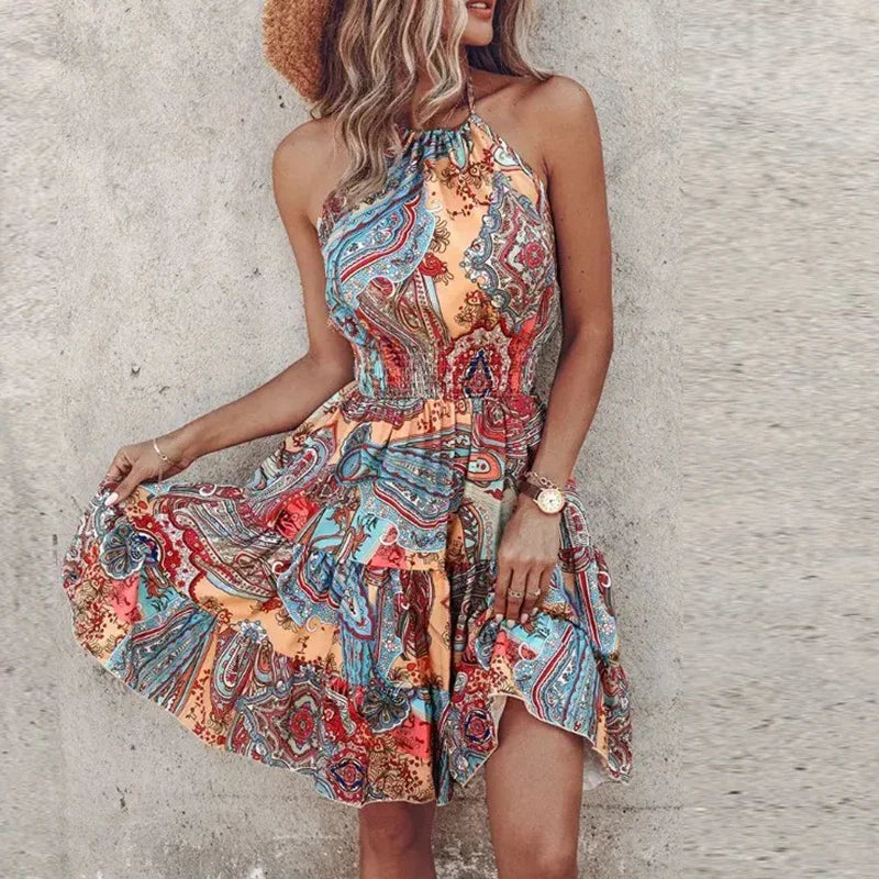 Women's Mini Dress – Relaxed Fit – Halter Neck – Smocked Waist – Bohemian Print