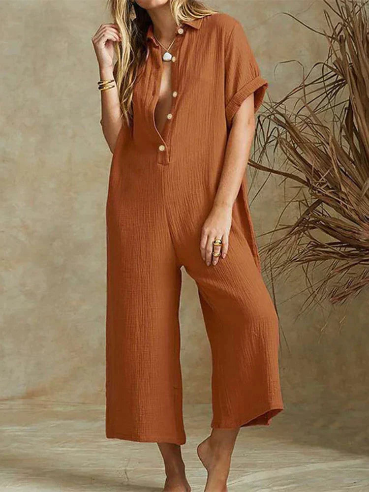 Women's jumpsuit – Loose fit – Lightweight cotton – Short sleeves – Front button closure