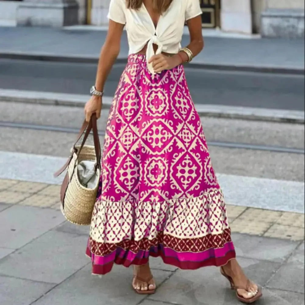 Women's long skirt – High waist – Flared flowing cut – Bohemian pattern – Breathable fabric