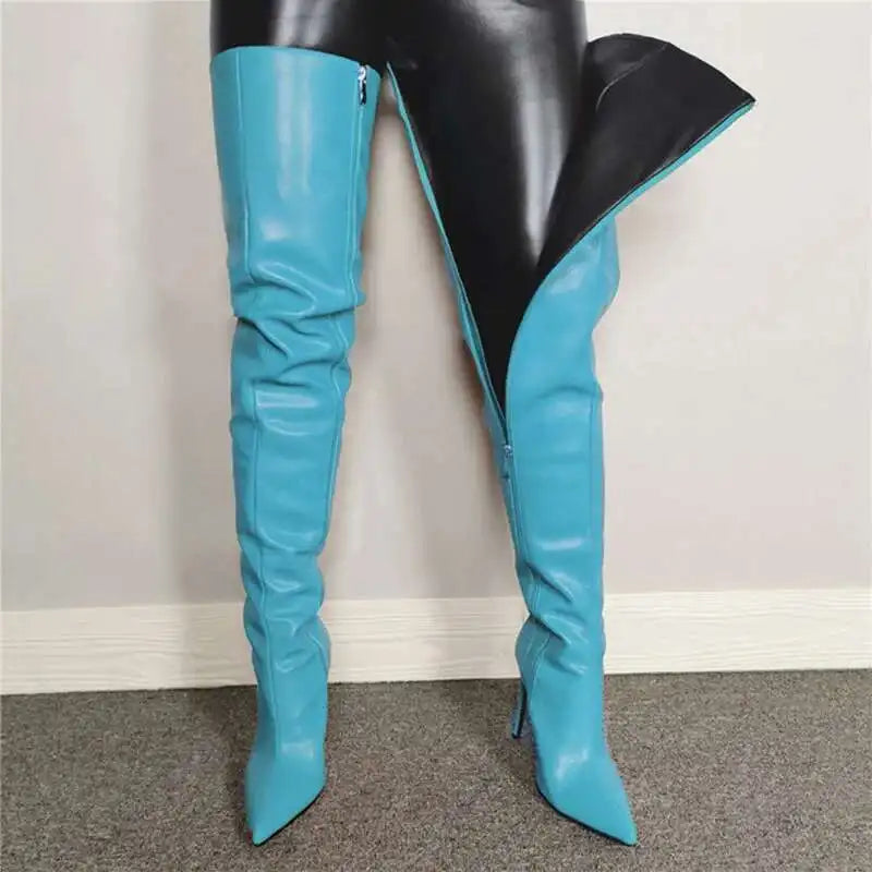 Bottes femme cuissardes – Talon haut – Bout pointu – Similicuir brillant – Fermeture zippée