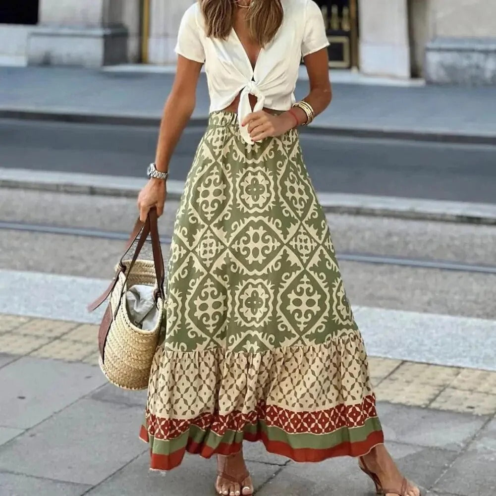 Women's long skirt – High waist – Flared flowing cut – Bohemian pattern – Breathable fabric