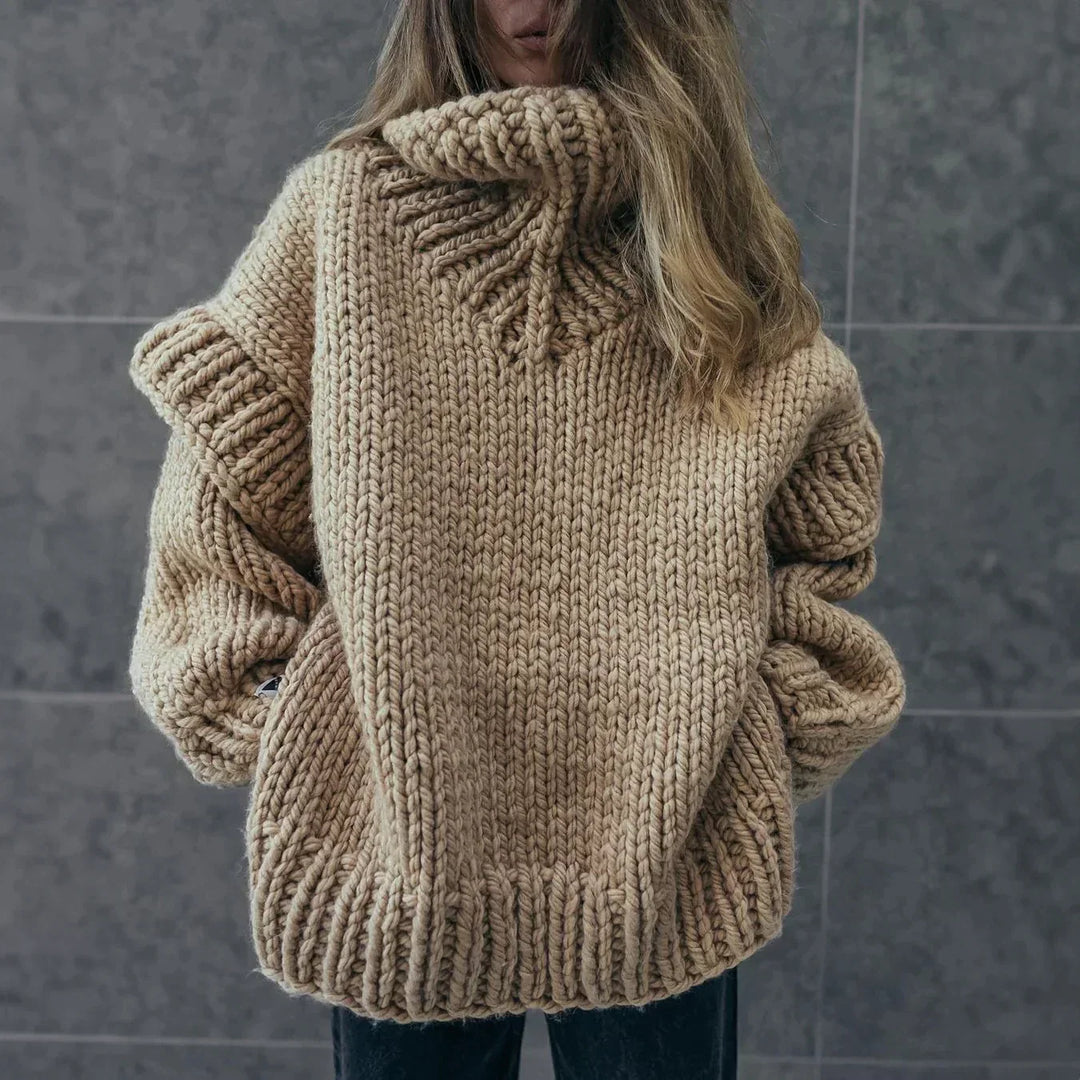 Pull femme à col roulé – Coupe oversize – Maille épaisse – Texture côtelée douce