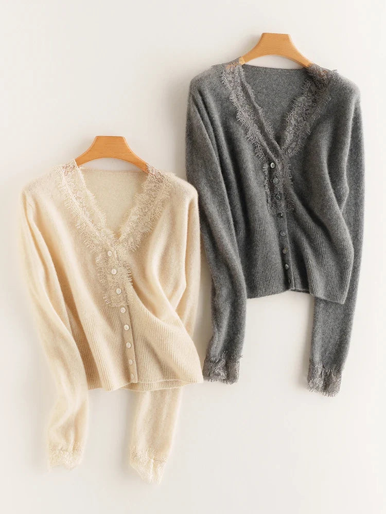 Ilaria Relaxed Fit Cardigan | Lace Trim V-Neck Cardigan