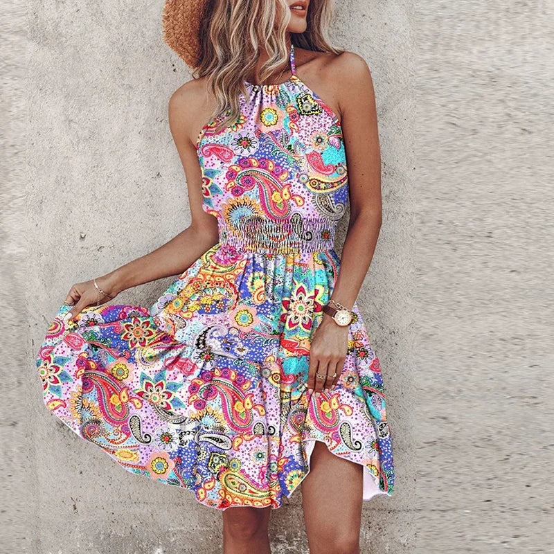 Women's Mini Dress – Relaxed Fit – Halter Neck – Smocked Waist – Bohemian Print