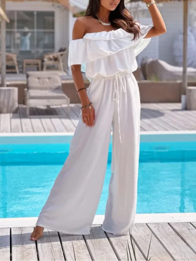 Women's Jumpsuit – Off-The-Shoulder – Wide Legs – Ruffles – Breathable Fabric