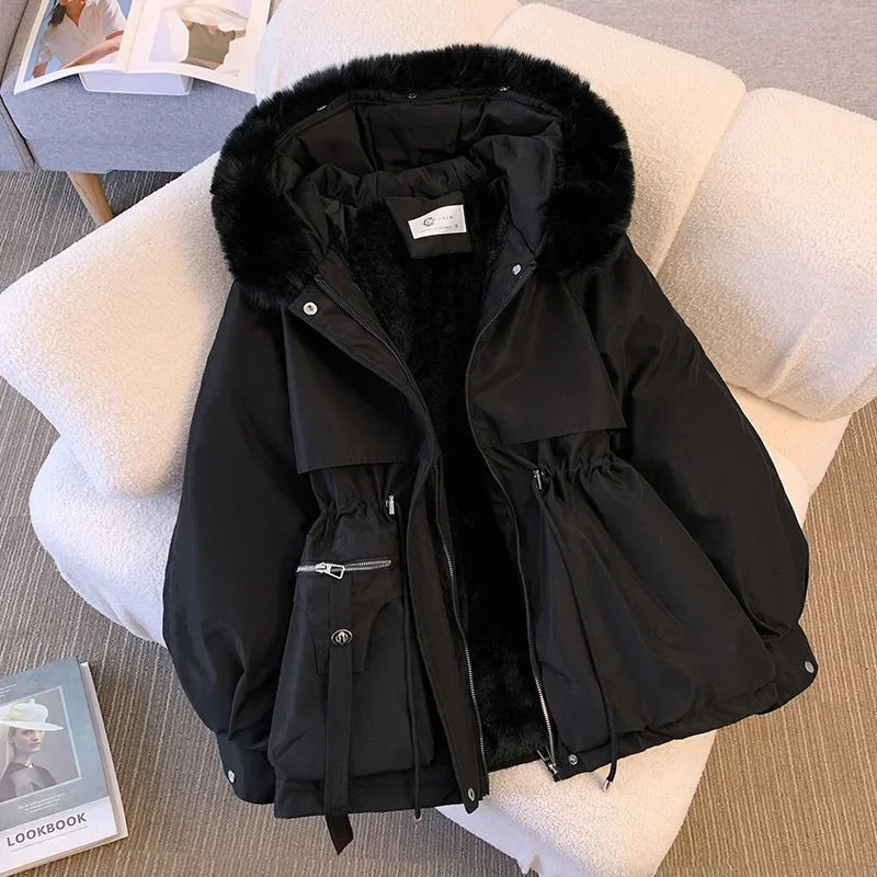 Women's Coat - Synthetic Fabric - Relaxed Fit - Mid-thigh Length - Hood with Stand-up Collar - Adjustable Waist