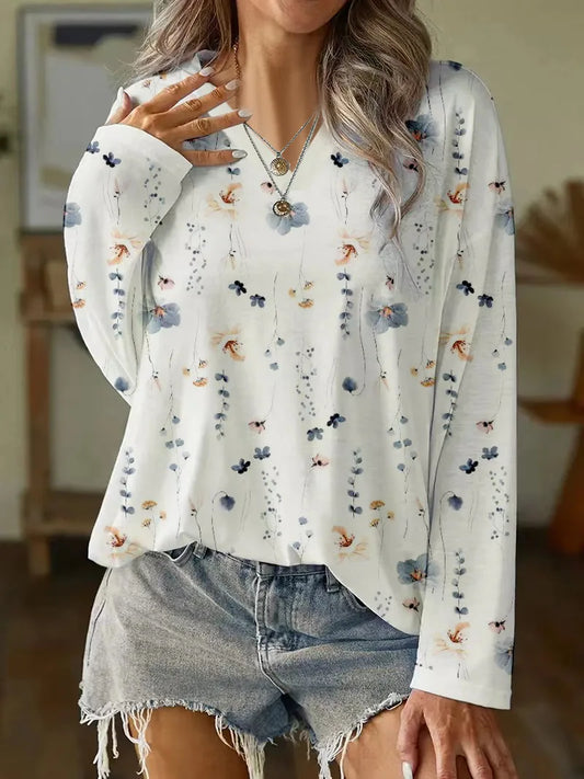 Women's blouse – Loose fit – V-neck – Long sleeves – Floral pattern – Breathable fabric