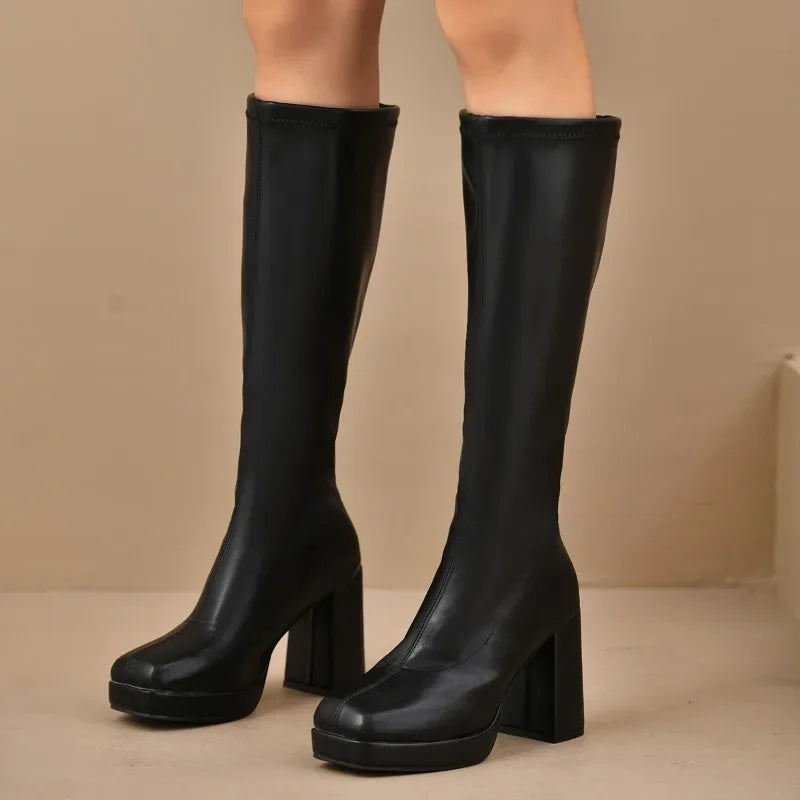 Bottes femme cuissardes – Talon bloc – Semelle plateforme – Coupe ajustée moderne