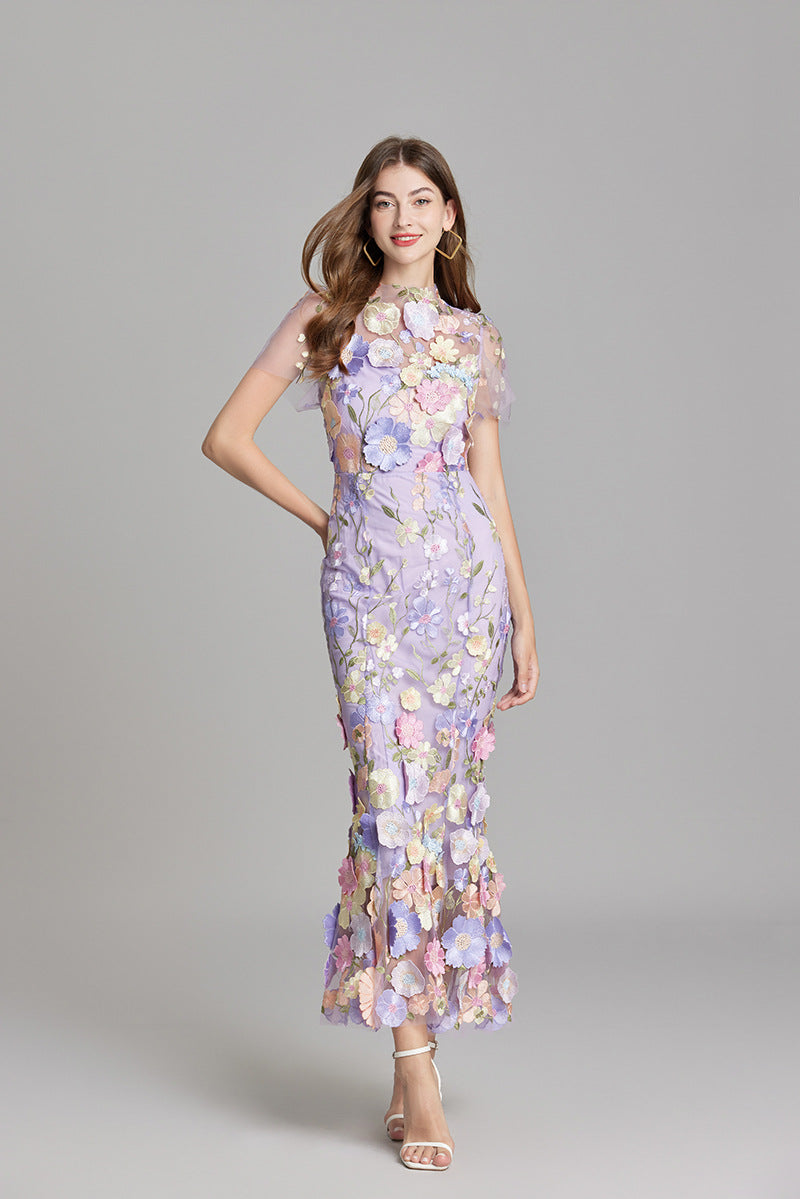 Women's long dress – Embroidered tulle – Fitted cut – Sheer high collar – Short sleeves