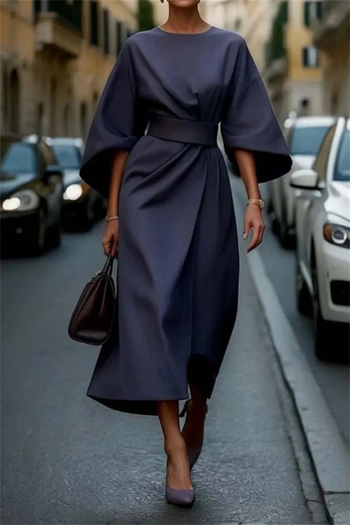 Robe midi femme – Coupe évasée structurée – Taille ceinturée – Manches évasées