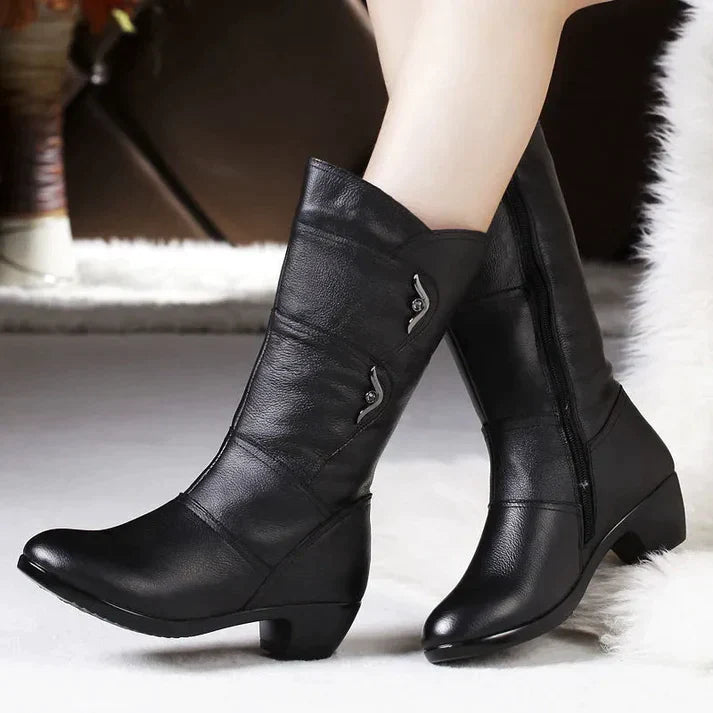 Women’s Mid-Calf Winter Boots – Sleek Leather-Like Finish – Side Zip – Low Heel Comfort