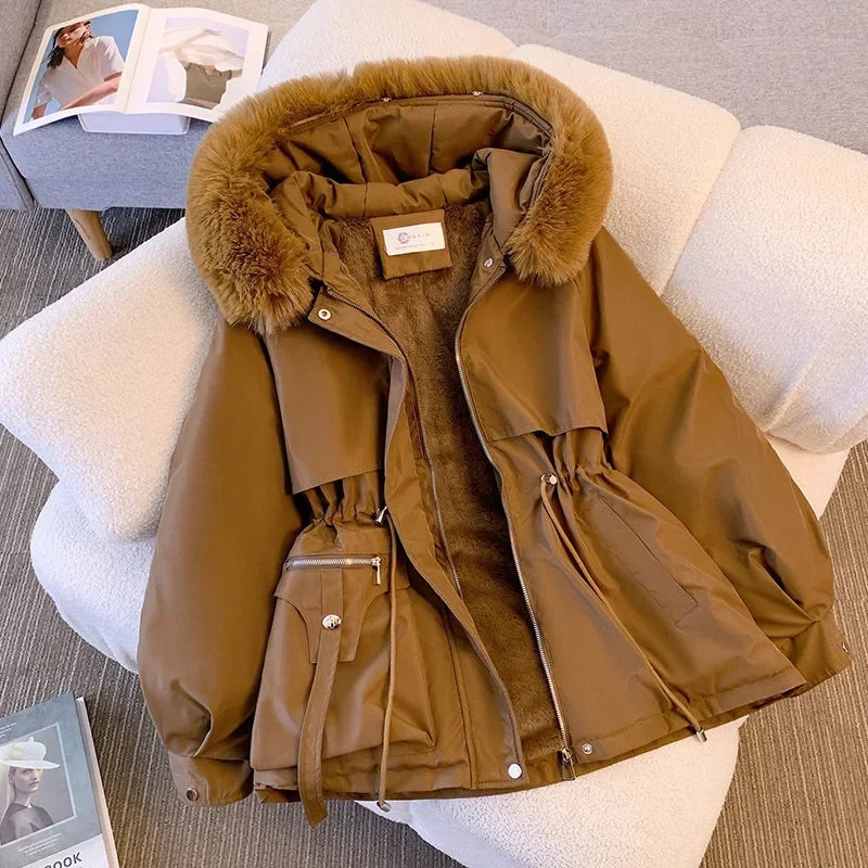 Women's Coat - Synthetic Fabric - Relaxed Fit - Mid-thigh Length - Hood with Stand-up Collar - Adjustable Waist