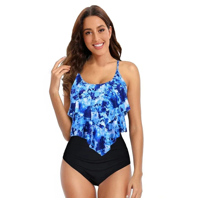 Women's Swimsuit – Modest Cut – Ruffled Top – High-Waisted Bottom – Ruched Detail