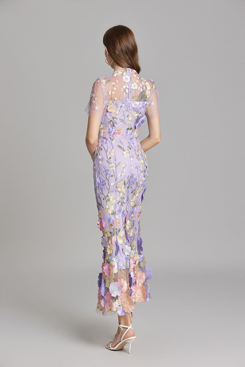 Women's long dress – Embroidered tulle – Fitted cut – Sheer high collar – Short sleeves