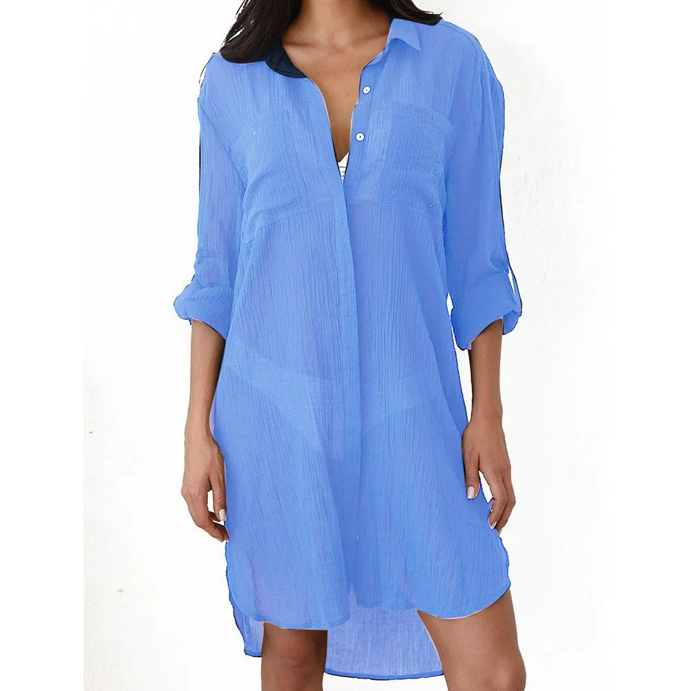 Women's Beach Dress – Relaxed Fit – Semi-Transparent Fabric – Buttoned – Long Sleeves Rolled Up