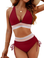 Bikini set for women – High-waisted slimming – Adjustable triangle top – Ruched details