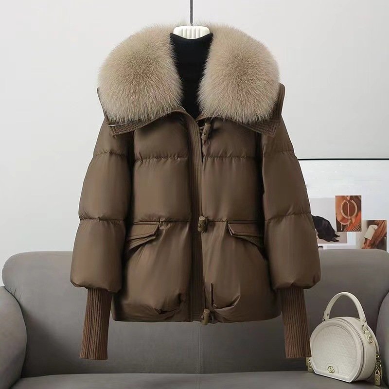 Women's Quilted Jacket - Synthetic Fabric - Stand Collar - Oversize Cut - Hip Length