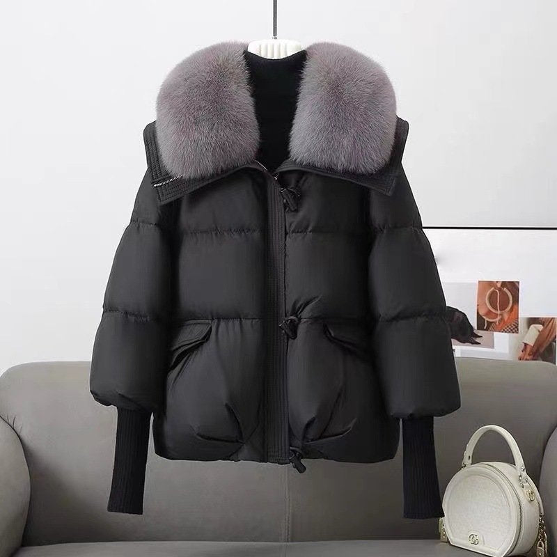 Women's Quilted Jacket - Synthetic Fabric - Stand Collar - Oversize Cut - Hip Length