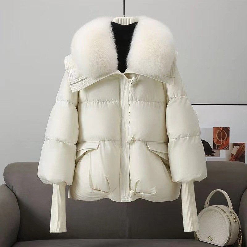 Women's Quilted Jacket - Synthetic Fabric - Stand Collar - Oversize Cut - Hip Length