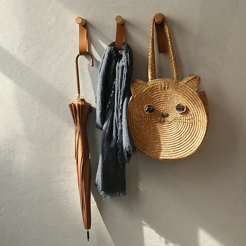 Minimalist Leather Loop Wall Hanger With Wooden Peg