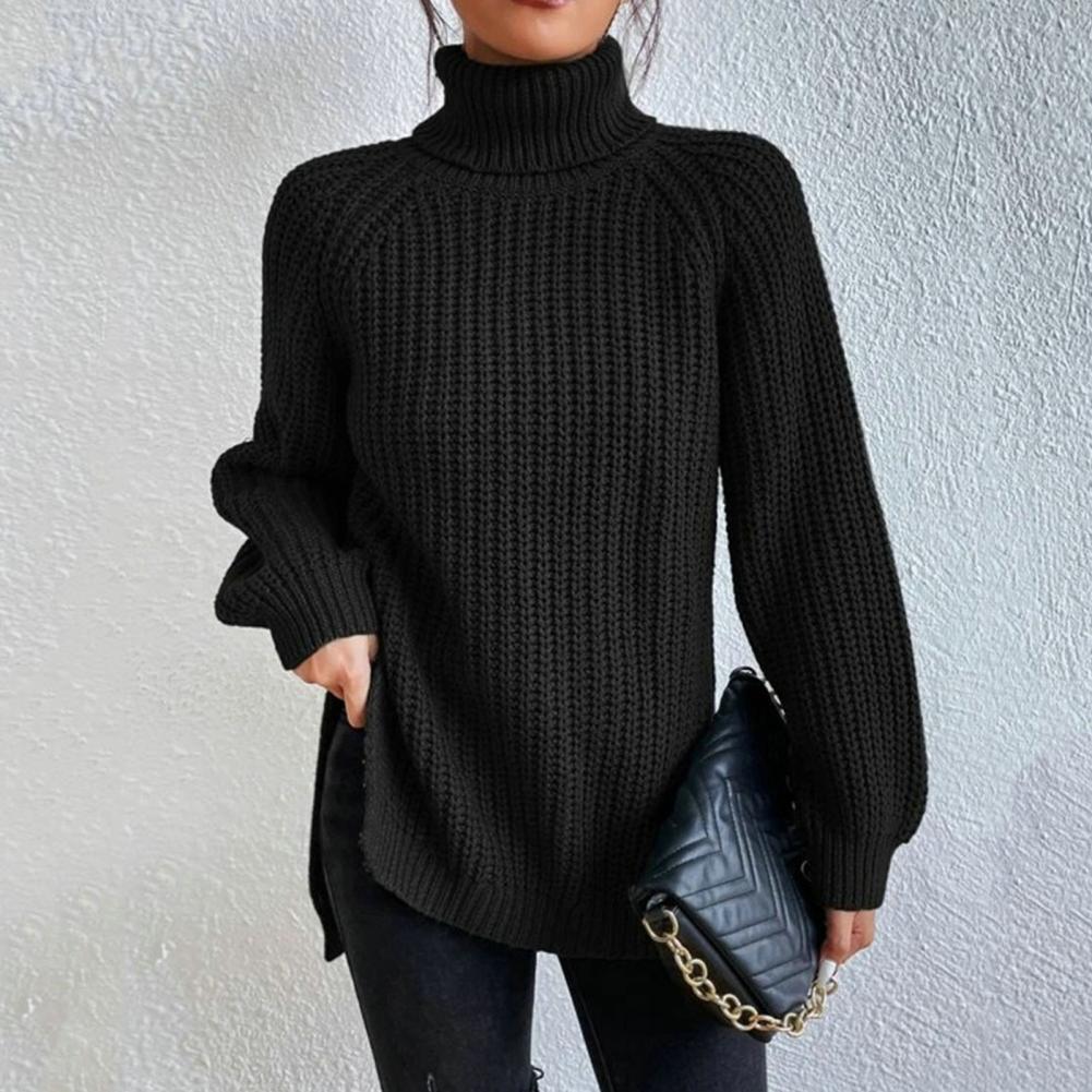 Pull femme à col roulé – Maille côtelée – Coupe ample – Manches longues confortables