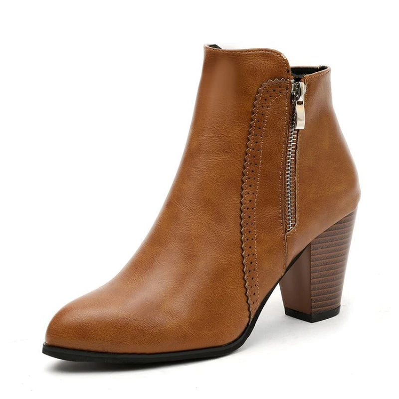 Lucia Block Heel Ankle Boots | Pointed Toe Zipper Ankle Boots
