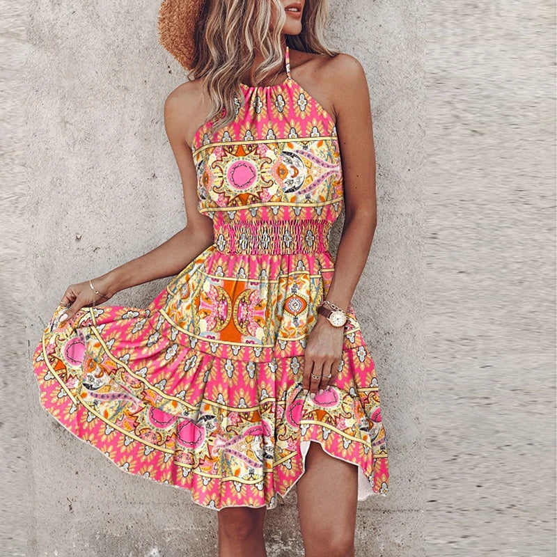 Women's Mini Dress – Relaxed Fit – Halter Neck – Smocked Waist – Bohemian Print