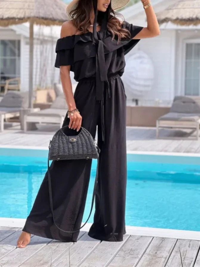 Women's Jumpsuit – Off-The-Shoulder – Wide Legs – Ruffles – Breathable Fabric