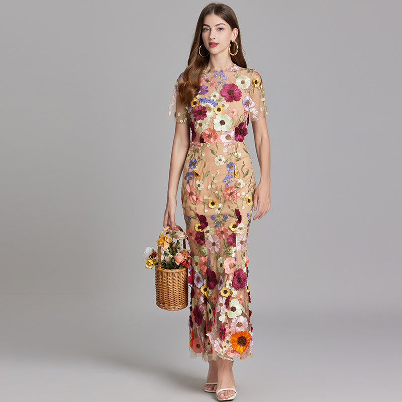 Women's long dress – Embroidered tulle – Fitted cut – Sheer high collar – Short sleeves