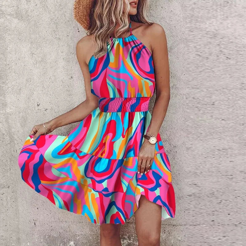 Women's Mini Dress – Relaxed Fit – Halter Neck – Smocked Waist – Bohemian Print