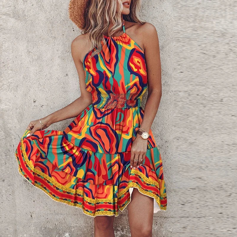 Women's Mini Dress – Relaxed Fit – Halter Neck – Smocked Waist – Bohemian Print