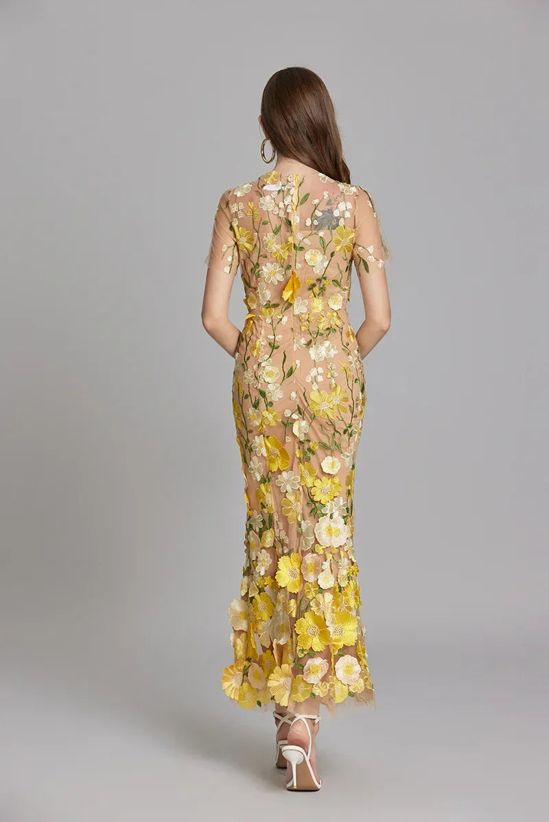 Women's long dress – Embroidered tulle – Fitted cut – Sheer high collar – Short sleeves