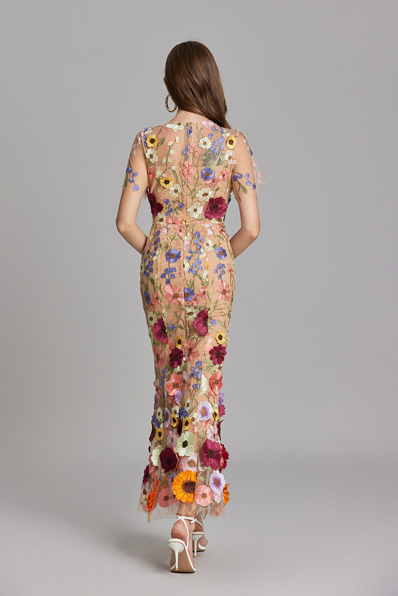 Women's long dress – Embroidered tulle – Fitted cut – Sheer high collar – Short sleeves