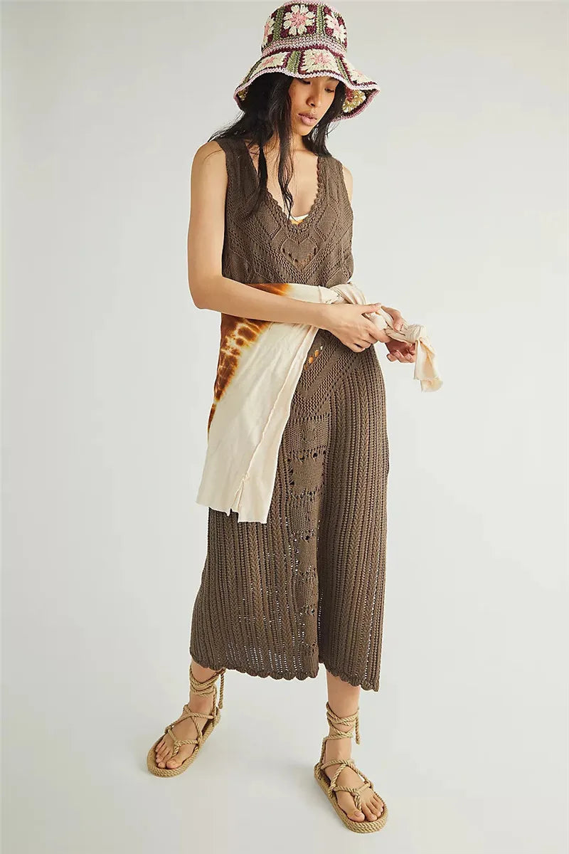 Robe femme midi – Coupe décontractée – Maille ajourée – Col en V – Fente latérale